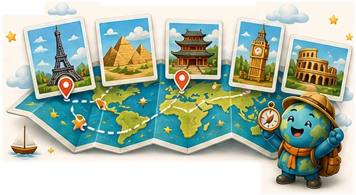 An atlas and illustrated landmark cards accompany MemoCap’s explorer.